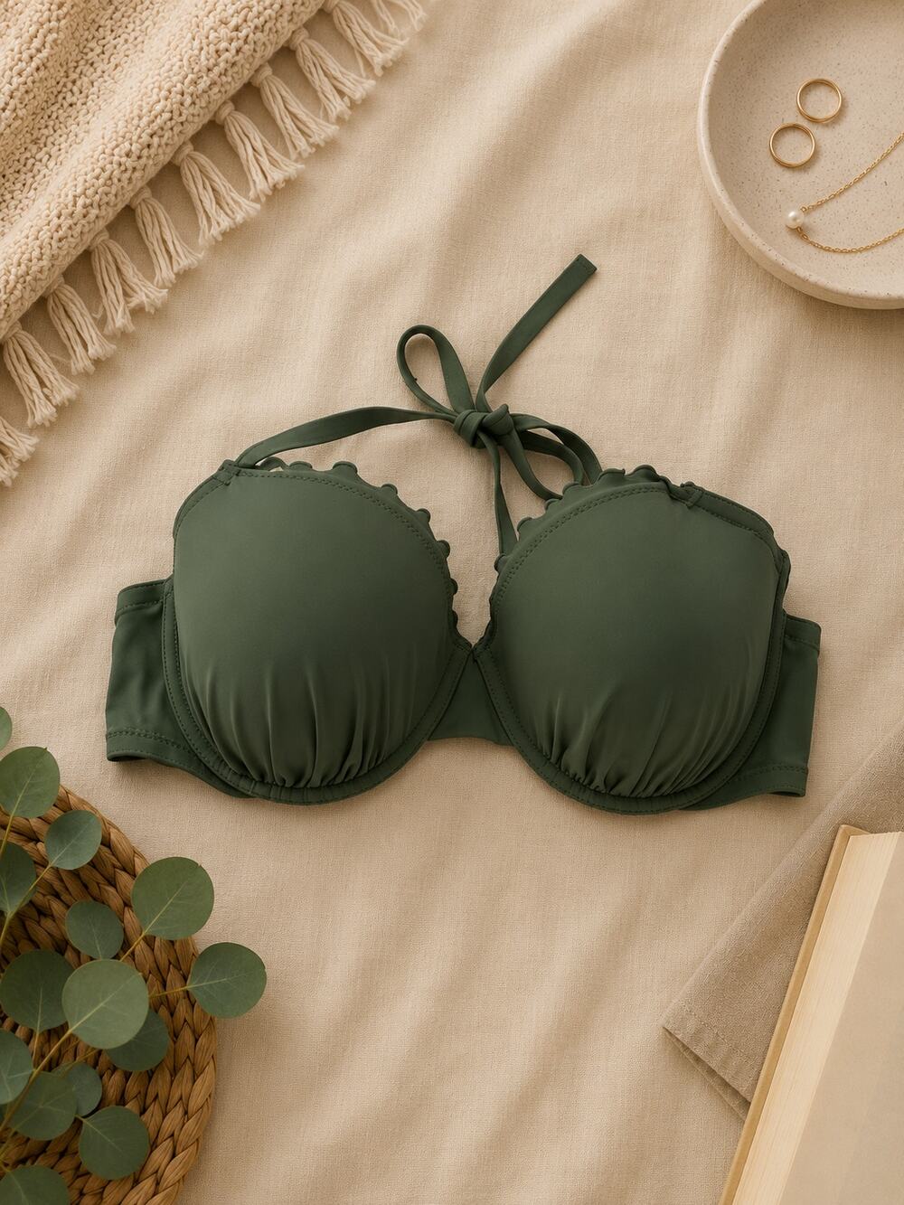 Shade & Shore Underwire Halter Bikini Swim Top Olive Green Tropical Size 38D